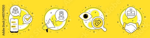 Oculist doctor, Rejected payment and Court jury line icons set. Cell phone, megaphone and deal vector icons. Contactless payment sign. Optometrist, Bank transfer, Justice scale. Business set. Vector