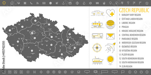 Detailed monochrome map of Czech Republic, gray country territory with geographic borders and administrative divisions on white background, travel icons set, vector illustration