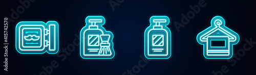 Set line Barbershop, Shaving gel foam and brush, Bottle of shampoo and Towel on hanger. Glowing neon icon. Vector.