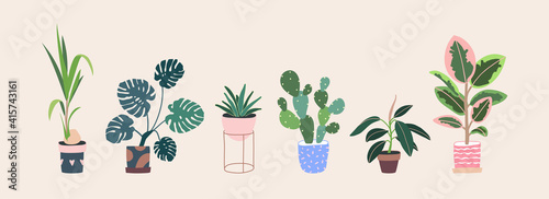 Home plants in flowerpot. Houseplants isolated. Trendy hugge style, urban jungle decor. Hand drawn. Set collection. Green, blue, pink, brown, beige pastel colors. Print, poster, banner. Logo, label.