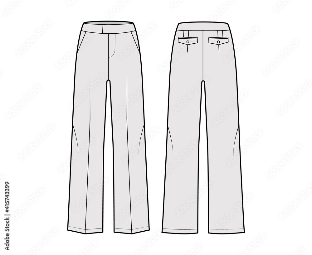 Pants tailored technical fashion illustration with extended low waist, rise, full length, flap slashed pockets. Flat casual bottom apparel template front, back, grey color. Women men unisex CAD mockup Pants tailored technical fashion illustration with extended low waist, rise, full length, flap slashed pockets. Flat casual bottom apparel template front, back, grey color. Women men unisex CAD mockup