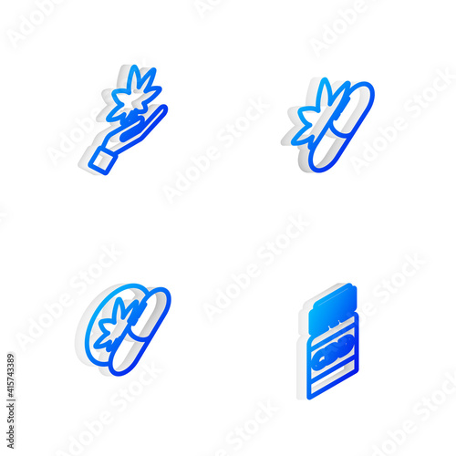 Set Isometric line Medical pills with marijuana, Marijuana or cannabis leaf, Herbal ecstasy tablets and bottle icon. Vector.