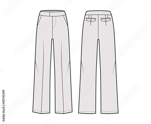 Pants tailored technical fashion illustration with extended low waist, rise, full length, flap slashed pockets. Flat casual bottom apparel template front, back, grey color. Women men unisex CAD mockup