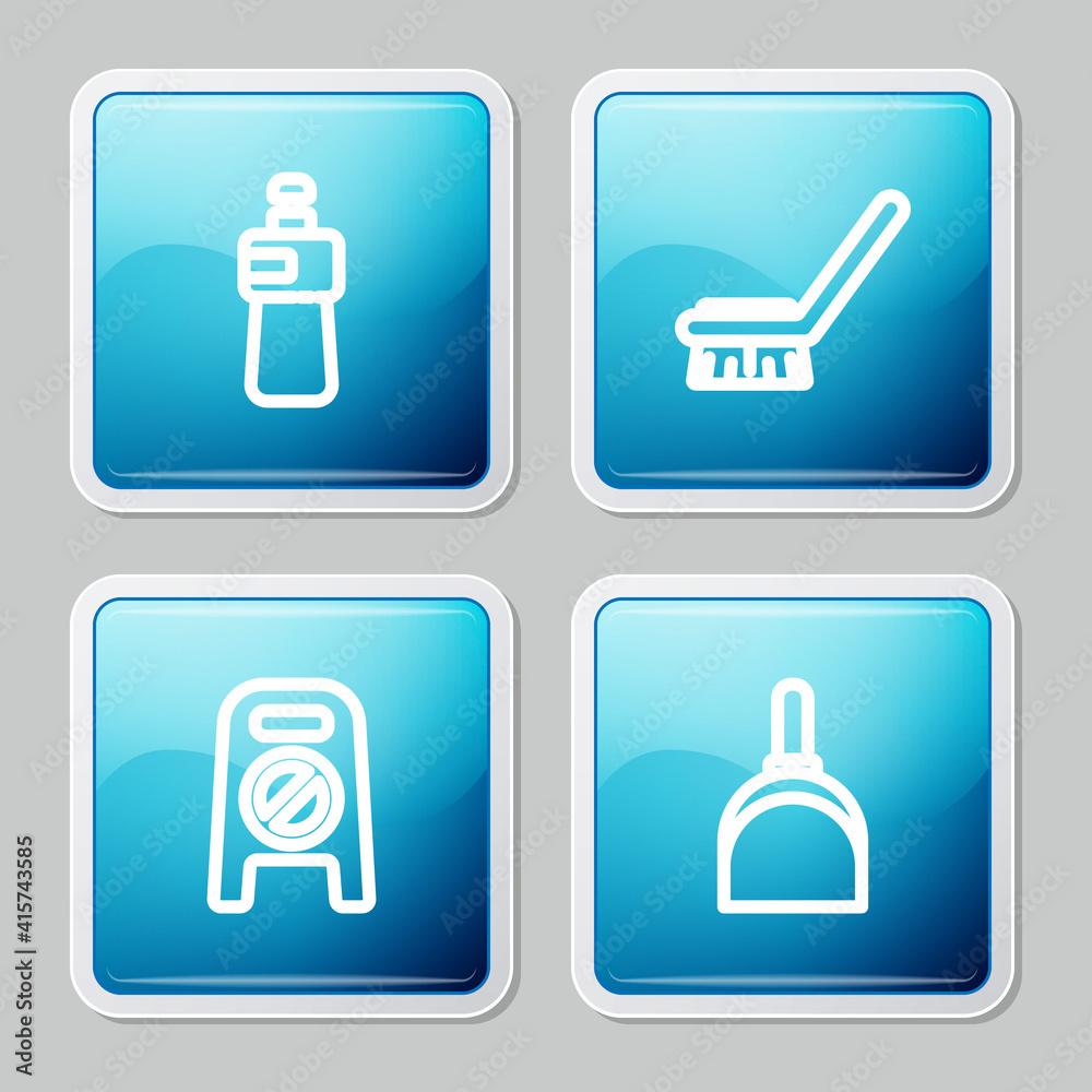 Set line Dishwashing liquid bottle, Brush for cleaning, Wet floor and progress and Dustpan icon. Vector. Set line Dishwashing liquid bottle, Brush for cleaning, Wet floor and progress and Dustpan icon. Vector.