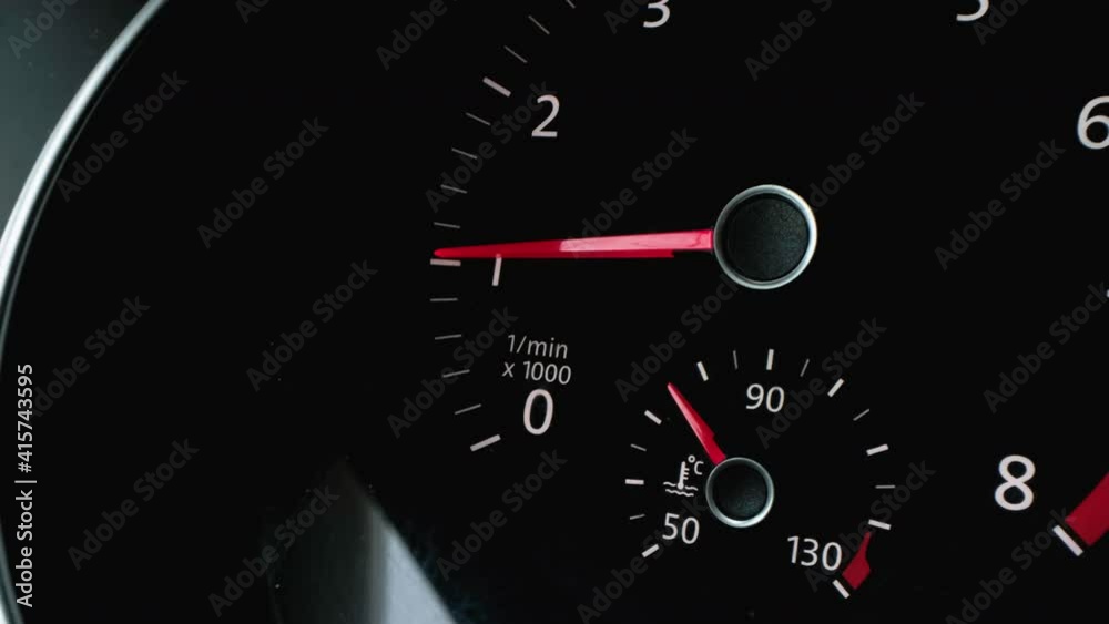 Tachometer shows rpm. Close up display engine revolutions per second. Moving arrow Tachometer shows rpm. Close up display engine revolutions per second. Moving arrow