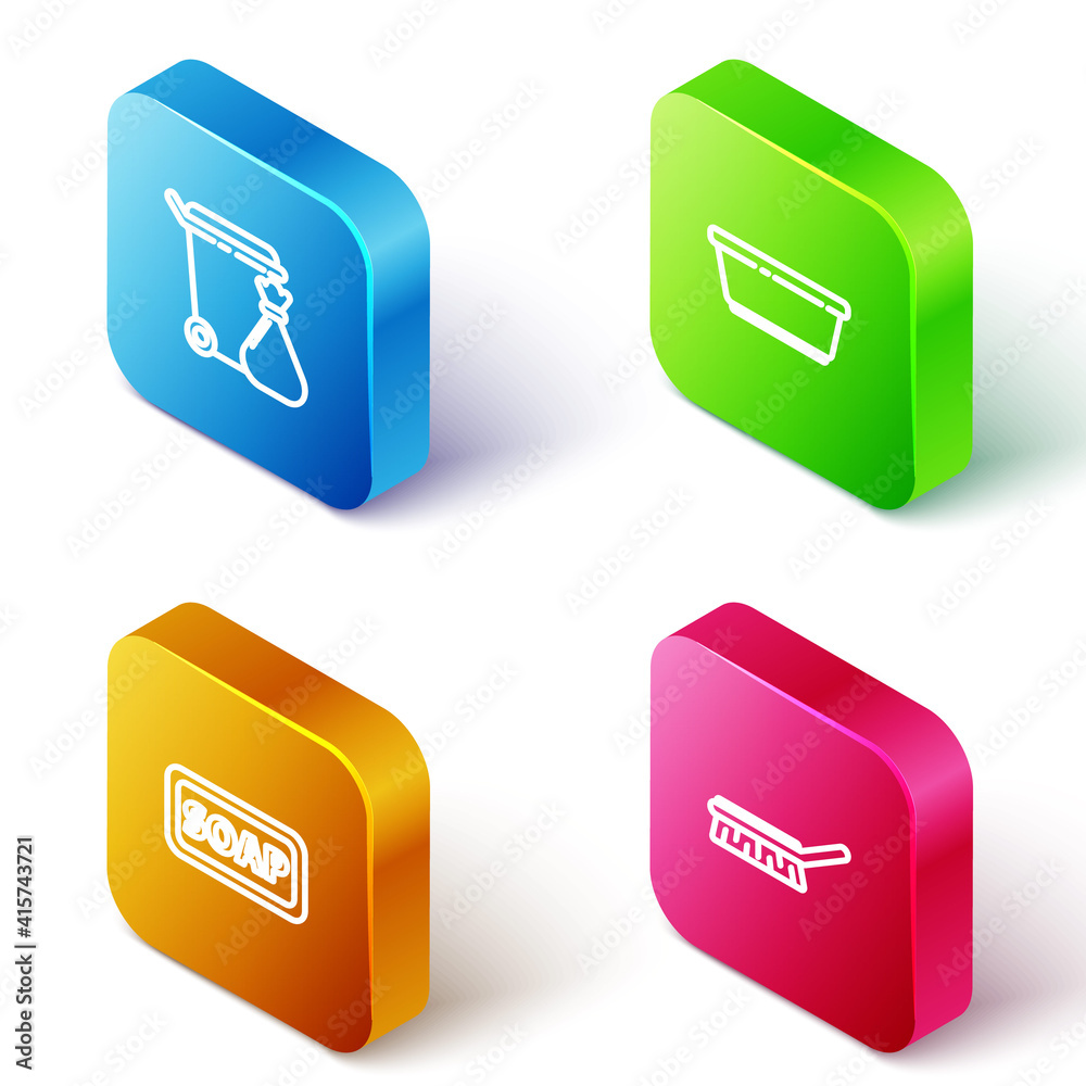 Set Isometric line Trash can and garbage bag, Plastic basin, Bar of soap and Brush for cleaning icon. Vector. Set Isometric line Trash can and garbage bag, Plastic basin, Bar of soap and Brush for cleaning icon. Vector.