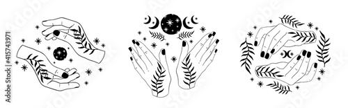 Hand witch set.Celestial hand drawn boho style.Wiccan spell esoteric collection.