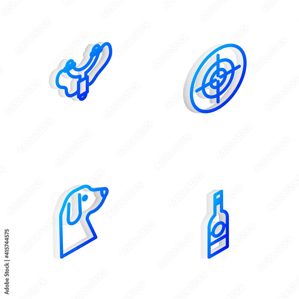 Set Isometric line Target sport, Slingshot, Dog and Bottle of vodka icon. Vector. Set Isometric line Target sport, Slingshot, Dog and Bottle of vodka icon. Vector.