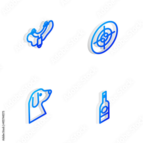 Set Isometric line Target sport, Slingshot, Dog and Bottle of vodka icon. Vector.