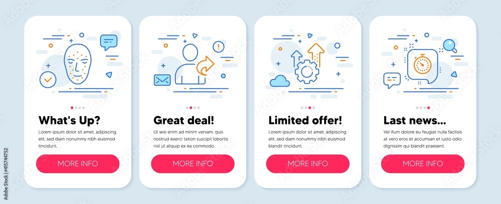 Set of Technology icons, such as Refer friend, Face biometrics, Seo gear symbols. Mobile screen mockup banners. Timer line icons. Share, Facial recognition, Cogwheel. Time management. Vector