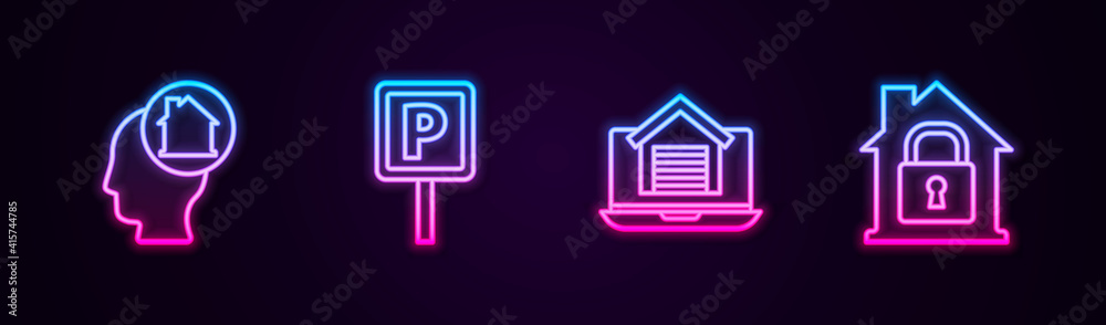 Set line Man dreaming about buying house, Parking, Online real estate and House under protection. Glowing neon icon. Vector.
