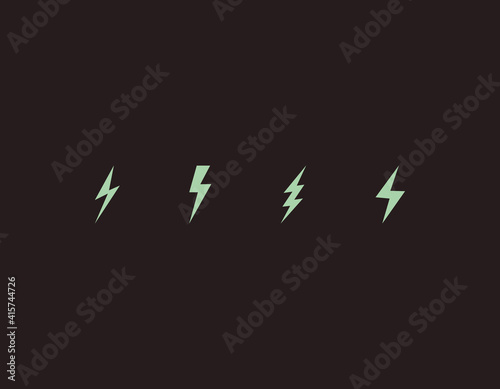 Lightning flat icons set. Lightning bolt silhouette. Light green thunderbolts on brown background. Vector