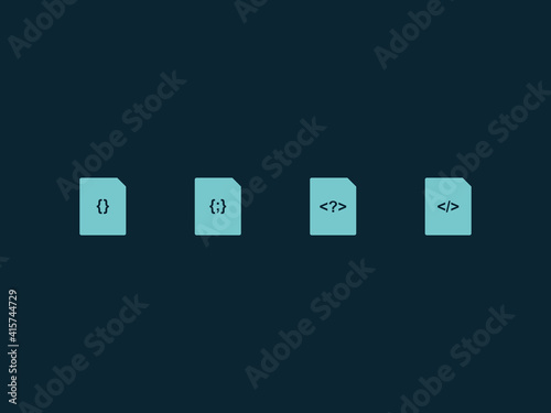 File format flat icon set. Css, html, js, php web development file format on dark blue background. Vector