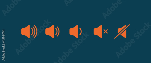 Sound volume flat icon. Sign for increases and reduces loud sound. Set of orange volume level icons on blue background