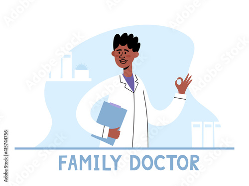 Vector illustration of family doctor showing ok on interior background