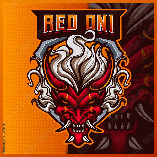 Devil Oni mascot esport logo design illustrations vector template, Samurai logo for team game streamer youtuber banner twitch discord