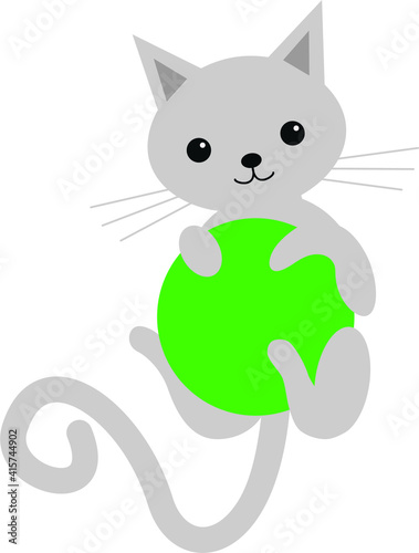 Cute cat plays with a green ball. Vector illustration isolated on white background.