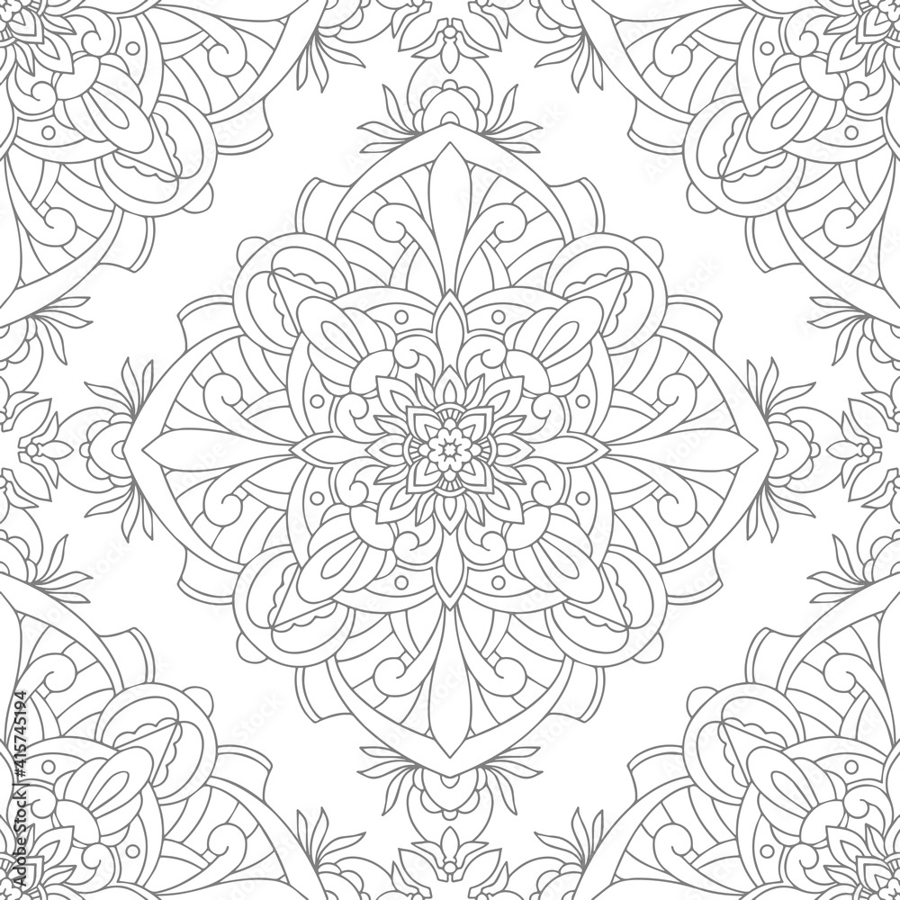 Vector seamless pattern with mandala ornament. Ethnic folk ornament. Vintage monochrome damask ornament. Vector decorative background. Great for any design. Vector seamless pattern with mandala ornament. Ethnic folk ornament. Vintage monochrome damask ornament. Vector decorative background. Great for any design.