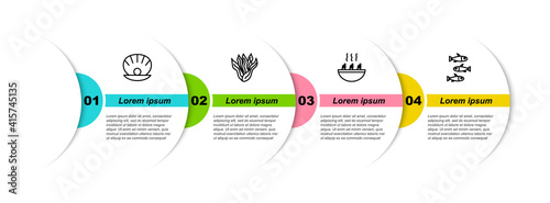 Set line Shell with pearl, Seaweed, Soup shrimps and Fishes. Business infographic template. Vector.