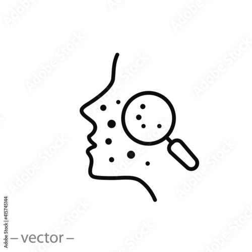 acne on skin face icon, pimple inflammation, dermatology or skincare, block pores problem, clean dermis, wrinkle mask, thin line symbol on white background - editable stroke vector illustration
