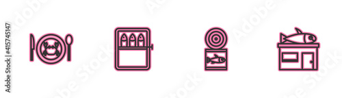Set line Served crab on a plate, Canned fish, and Seafood store icon. Vector.