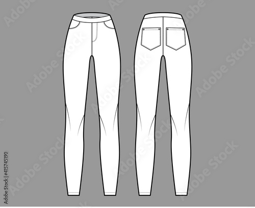 Jeggings technical fashion illustration with normal waist, high rise, full length, angled pockets. Flat Pants bottom trousers apparel template front, back, white color. Women men unisex CAD mockup