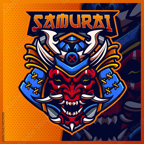 Samurai Oni mascot esport logo design illustrations vector template, Devil Ninja logo for team game streamer youtuber banner twitch discord