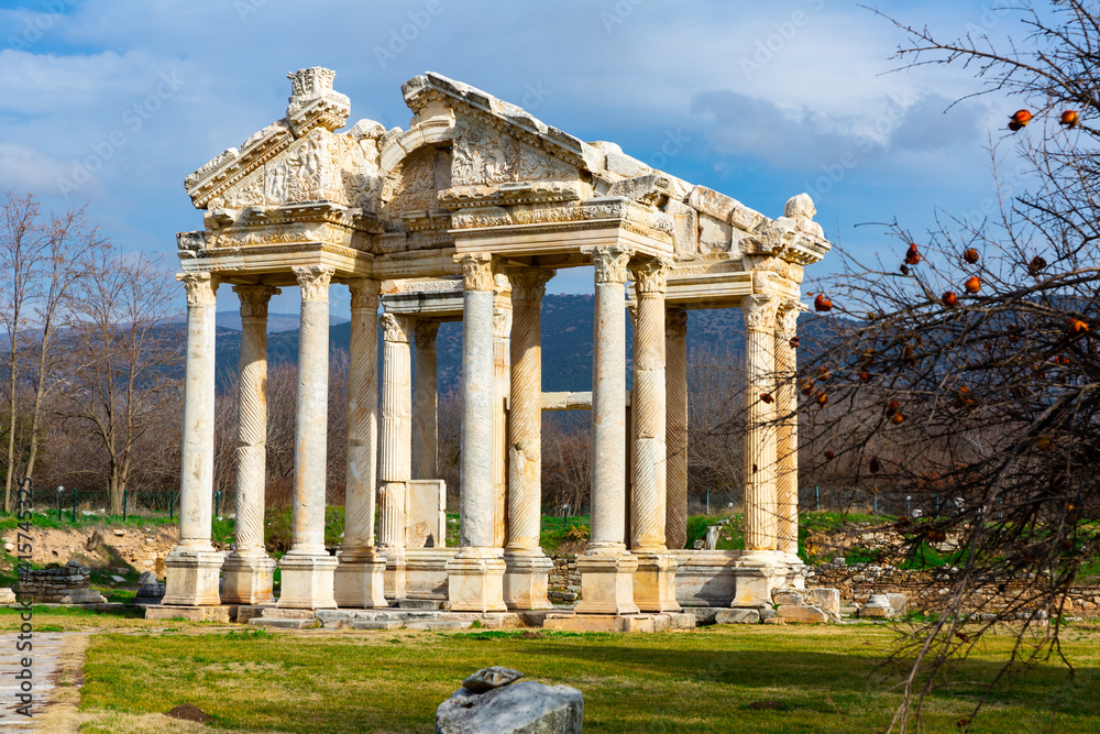 Monumental gateway or tetrapylon preserved to this day in small ancient Greek city of Aphrodisias in historic Caria cultural region, Turkey..