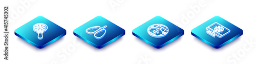 Set Isometric line Virus under magnifying glass, Lungs, Earth with medical mask and statistics on monitor icon. Vector.