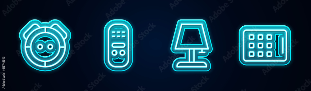 Set line Robot vacuum cleaner, Remote control, Table lamp and Graphic tablet. Glowing neon icon. Vector. Set line Robot vacuum cleaner, Remote control, Table lamp and Graphic tablet. Glowing neon icon. Vector.