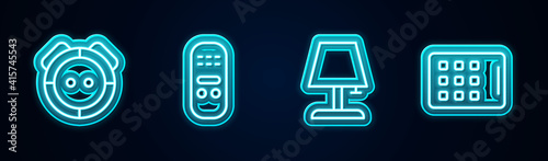 Set line Robot vacuum cleaner, Remote control, Table lamp and Graphic tablet. Glowing neon icon. Vector.