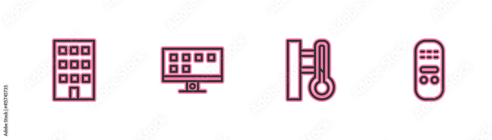 Set line House, Meteorology thermometer, Smart Tv and Remote control icon. Vector. Set line House, Meteorology thermometer, Smart Tv and Remote control icon. Vector.