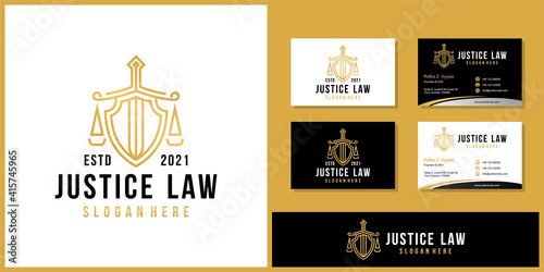 Lawyer Attorney Advocate Logo design vector template Linear style. Shield Sword Law Legal firm Security company logotype. Protect defense concept icon.
