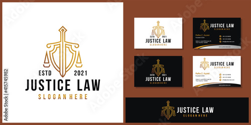 Lawyer Attorney Advocate Logo design vector template Linear style. Shield Sword Law Legal firm Security company logotype. Protect defense concept icon.
