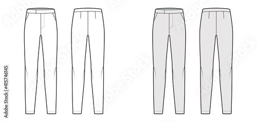 Pants cigarette technical fashion illustration with extended low waist, rise, full length, slant slashed pockets. Flat bottom apparel template front, back white grey color. Women men unisex CAD mockup