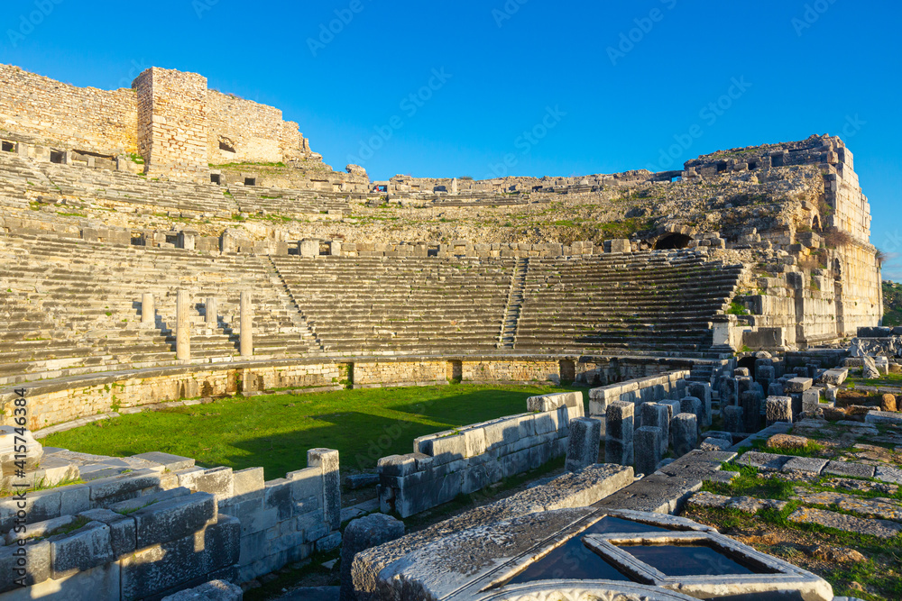Remains of Hellenistic theatre in ancient Greek settlement of Miletus in territory of modern Turkish village 