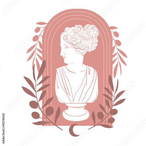 Ancient Greek goddess statue in a continuous line. Vector illustration. Modern drawing. Roman style elements on a white background