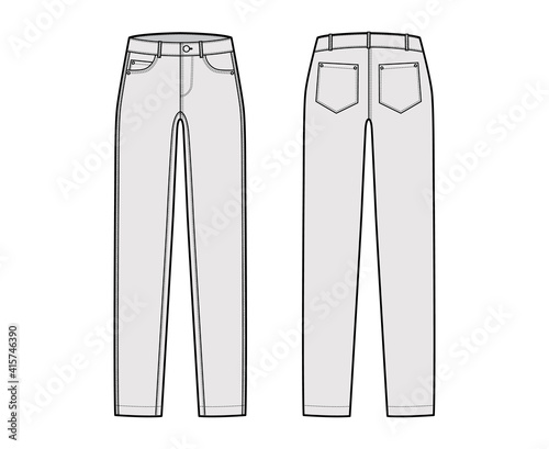 Skinny Jeans Denim pants technical fashion illustration with full length, low waist, rise, curved, coin, angled 5 pockets, Rivets. Flat bottom template front, back grey color style. Women, CAD mockup