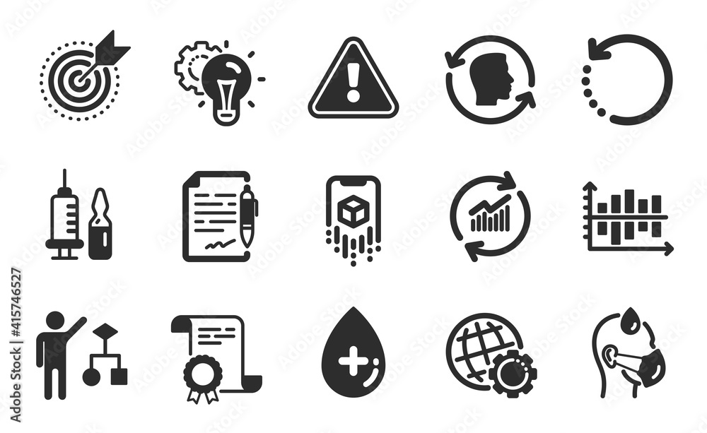Sick man, Recovery data and Idea gear icons simple set. Diagram chart, Oil serum and Update data signs. Face id, Algorithm and Target purpose symbols. Flat icons set. Vector