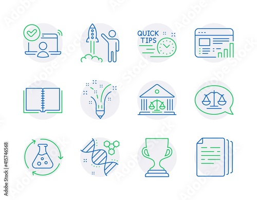 Education icons set. Included icon as Inspiration, Award cup, Quick tips signs. Launch project, Justice scales, Online access symbols. Court building, Web report, Chemistry experiment. Vector