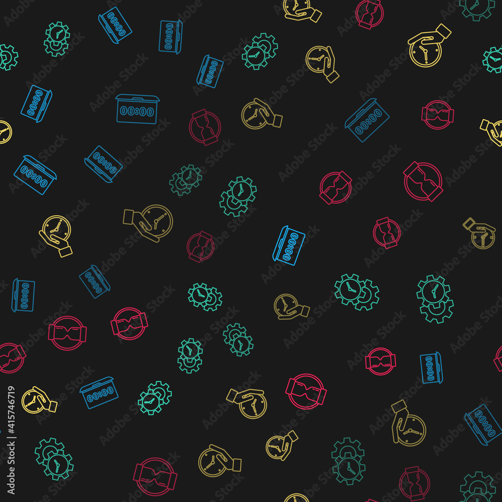 Set line Clock on laptop, Time Management, and Old hourglass on seamless pattern. Vector. Set line Clock on laptop, Time Management, and Old hourglass on seamless pattern. Vector.
