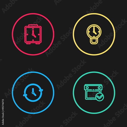 Set line Clock, Calendar with check mark, and Alarm clock icon. Vector.
