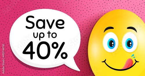 Save up to 40 percent. Easter egg with yummy smile face. Discount Sale offer price sign. Special offer symbol. Easter smile character. Discount speech bubble. Yummy egg background. Vector