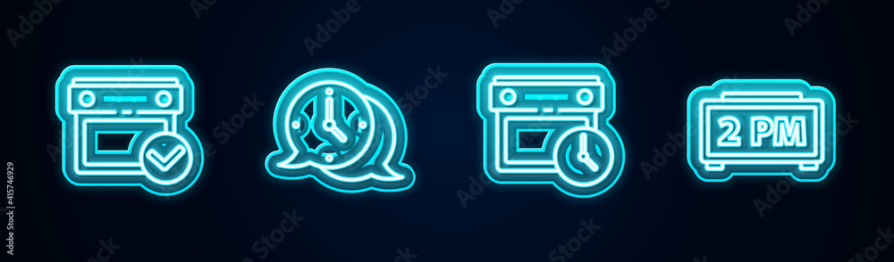 Set line Calendar with check mark, Clock speech bubble, and clock and Digital alarm. Glowing neon icon. Vector. Set line Calendar with check mark, Clock speech bubble, and clock and Digital alarm. Glowing neon icon. Vector.