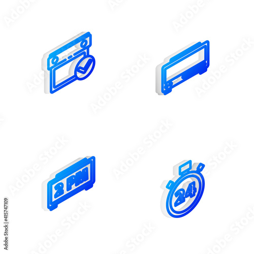 Set Isometric line Digital alarm clock, Calendar with check mark, and Stopwatch 24 hours icon. Vector.