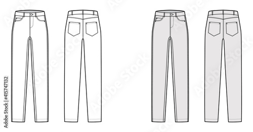 Skinny Jeans Denim pants technical fashion illustration with full length, normal waist, high rise, angled 5 pockets, Rivets. Flat bottom template front, back, white grey color style. Men CAD mockup