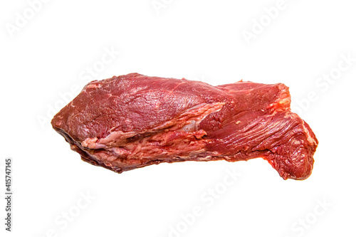 Steak flanchet (flan steak) of raw marbled beef lies on a white background. Isolated