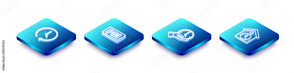 Set Isometric line Clock, PM, and Retro wall watch icon. Vector. Set Isometric line Clock, PM, and Retro wall watch icon. Vector.