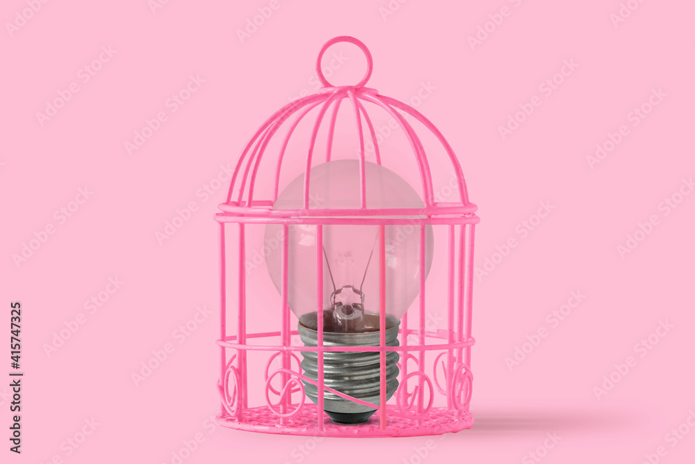Light bulb in pink bird cage on pink background - Concept of woman's mind and freedom