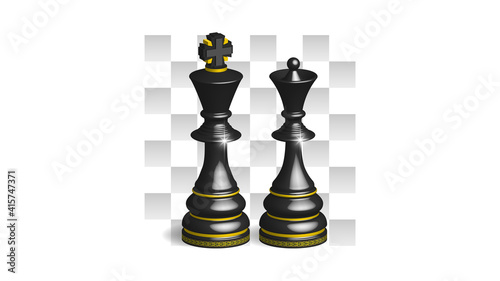 3D black chess with gold pattern. Figures of the king and queen on the background of a light chessboard. Bright radiant highlights and shadows